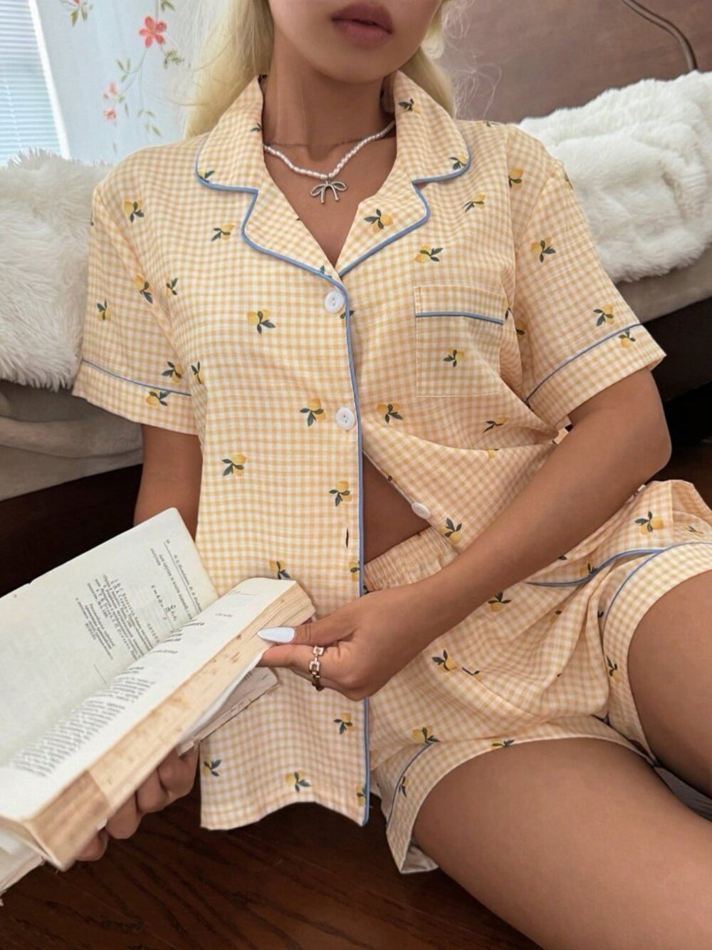Yellow Women's Lemon Plaid Print Button-Front top & Shorts Pajama Set - Picture 7 of 7